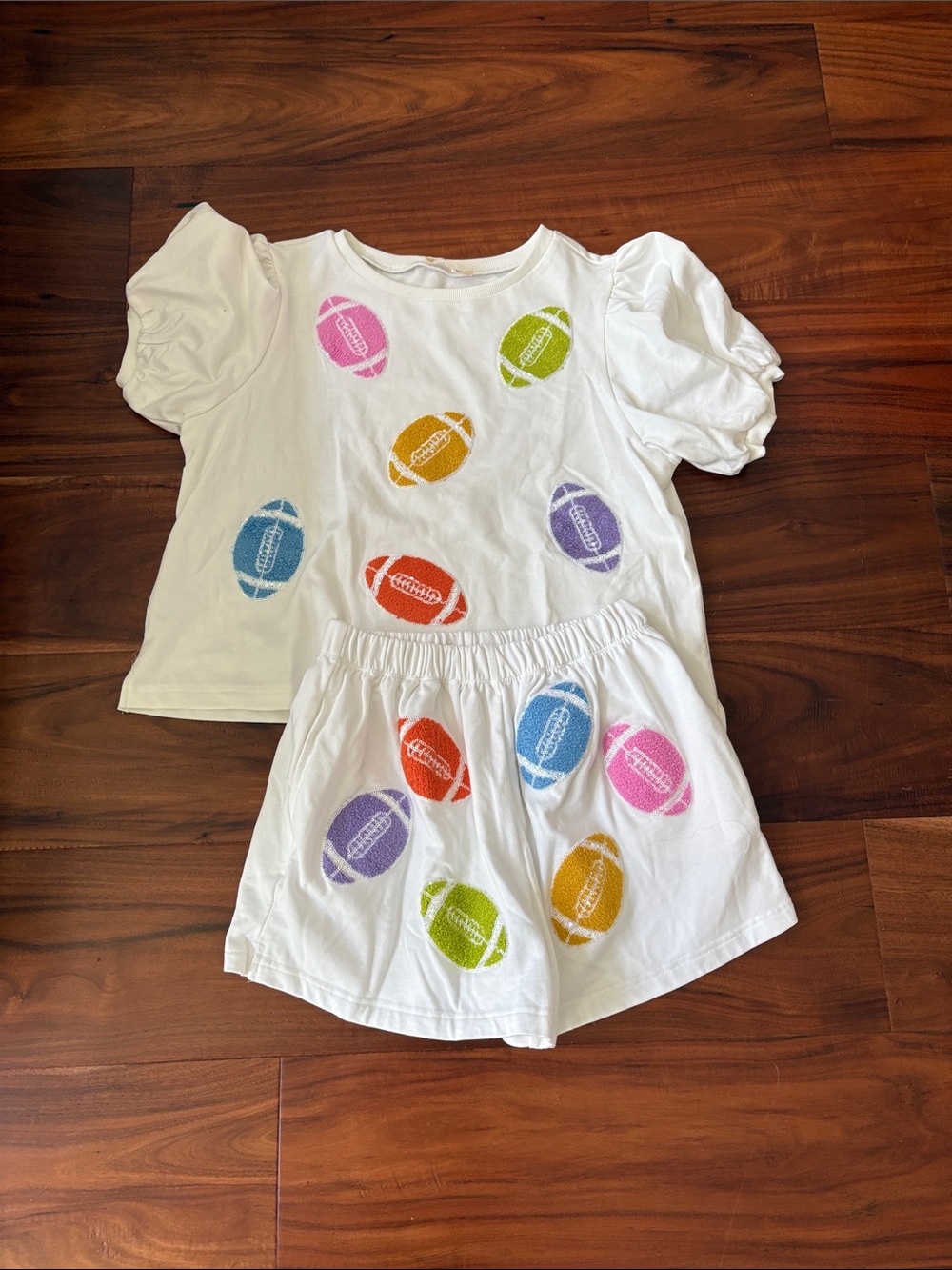 White Two-Piece Set with Colorful Football Prints